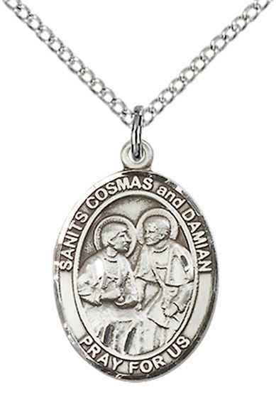 STERLING SILVER STS COSMAS & DAMIAN DOCTORS PENDANT ON A CHAIN - 3/4" x 1/2"